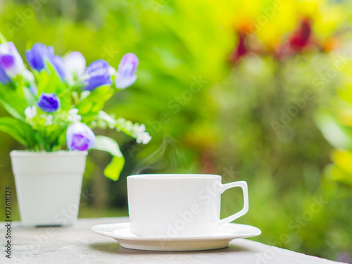 Fototapeta Naklejka Na Ścianę i Meble -  Soft focus of close up coffee cup in garden.