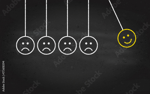 Emoticon or emoji, happy and sad chalk face drawing on blackboard in vector illustration in form de newtons cradie.