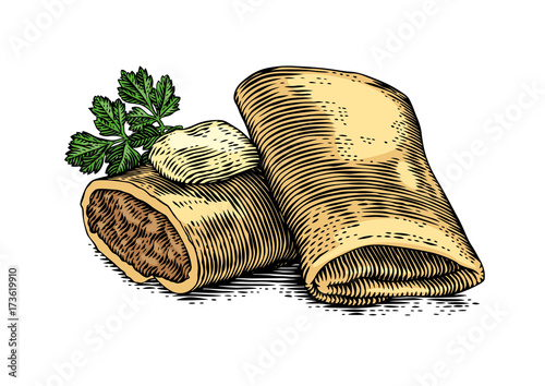 Two stuffed pancakes with butter and parsley