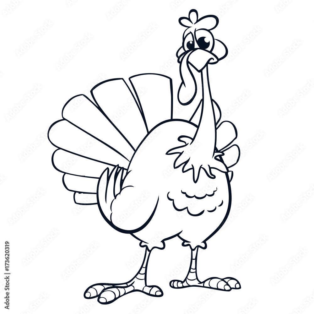 Thanksgiving funny cartoon outline. Vector cartoon turkey for coloring