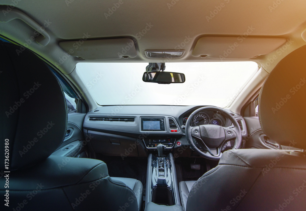 Fototapeta premium Interior of modern car with isolated windshield front for driving concept