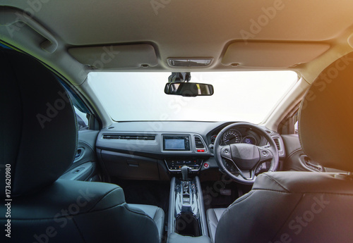 Interior of modern car with isolated windshield front for driving concept