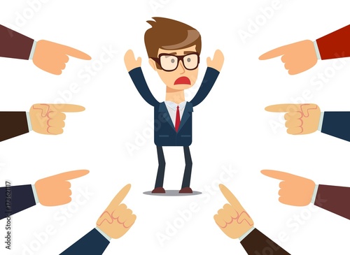 Illustration of businessman with fingers pointing at him. Stock flat vector .