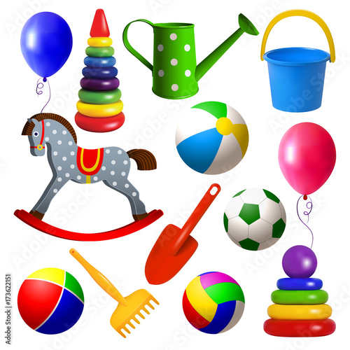 Set toys for young children. Ball, swing, rocking horse, balloon, pyramid, sandbox toys. Realistic isolated colored objects on a white background. Vector illustration. photo