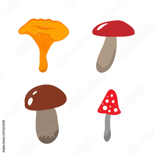 Set of cartoon mushrooms. Small collection of vector icons isolated on a white background