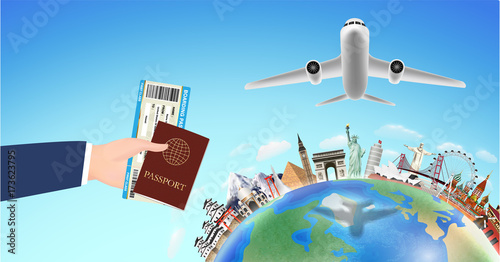 passport boarding pass with world travel landmark