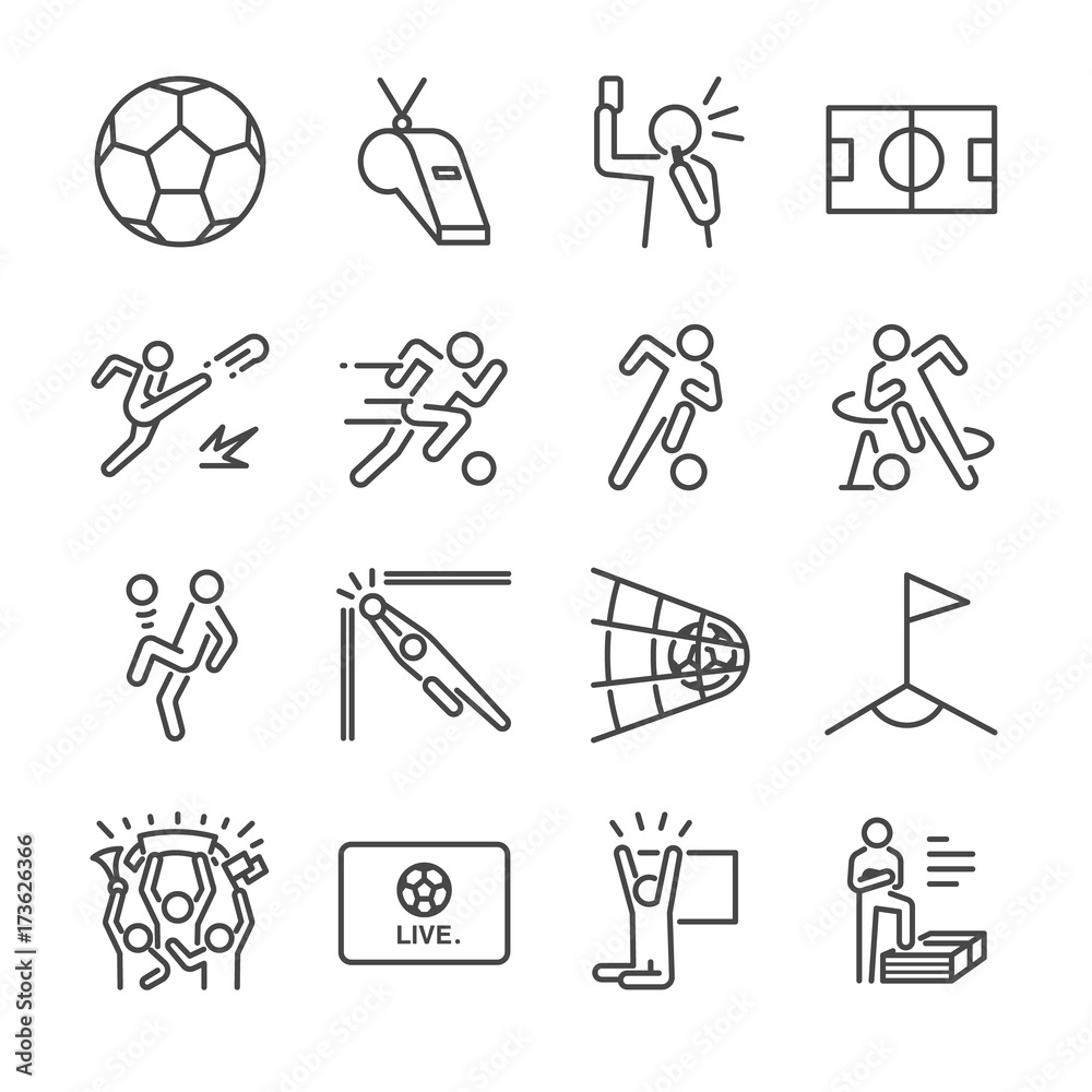 Soccer line icon set. Included the icons as football, ball, player, game, referee, cheer and more. Soccer line icon set. Included the icons as football, ball, player, game, referee, cheer and more.