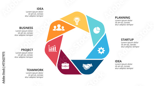 Vector circle arrows infographic, cycle diagram, geometric graph, presentation chart. Business concept with 7, options, parts, steps, processes. 16x9 slide template.