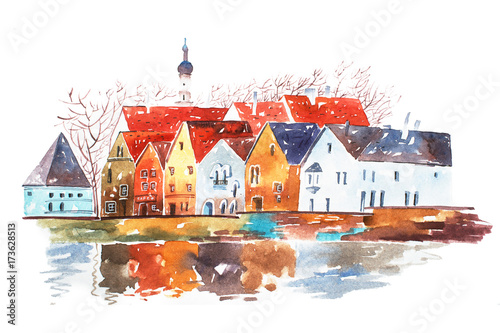 Watercolor illustration of houses with traditional European architectural features.