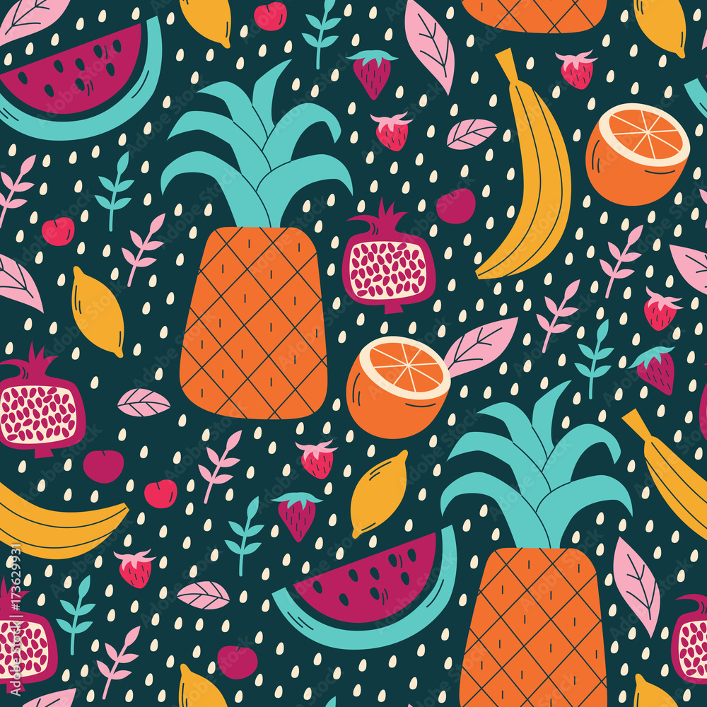 Summer Seamless Pattern with Tropical Fruits.