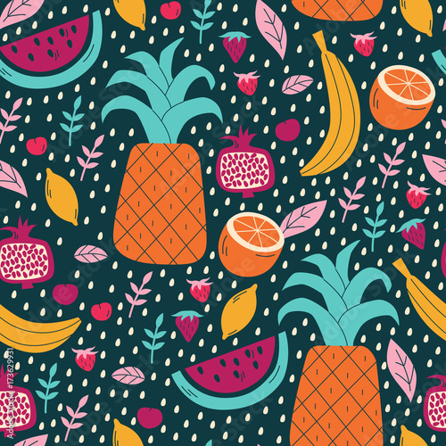 Summer Seamless Pattern with Tropical Fruits.