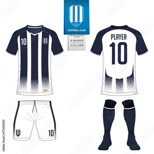 Soccer jersey or football kit, short, sock template for sport club. Football t-shirt mock up. Front and back view soccer uniform. Flat football logo on blue label. Vector Illustration.