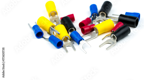 Group of spade terminals electrical cable connector accessories isolated on white background