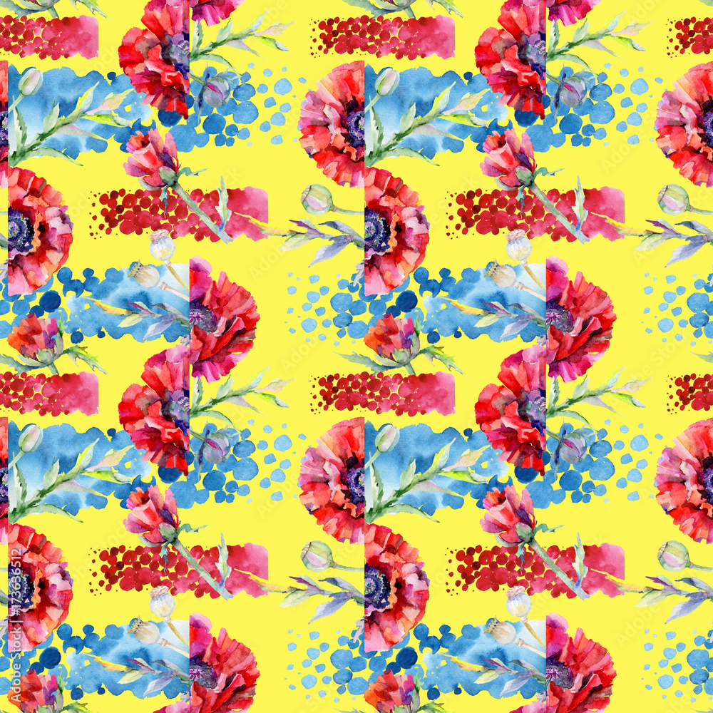 Fototapeta premium Wildflower poppy flower pattern in a watercolor style. Full name of the plant: red poppy. Aquarelle wild flower for background, texture, wrapper pattern, frame or border.