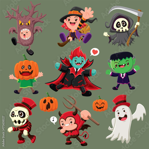 Vintage Halloween poster design with vector demon, witch, reaper, vampire, ghost, monster character. 