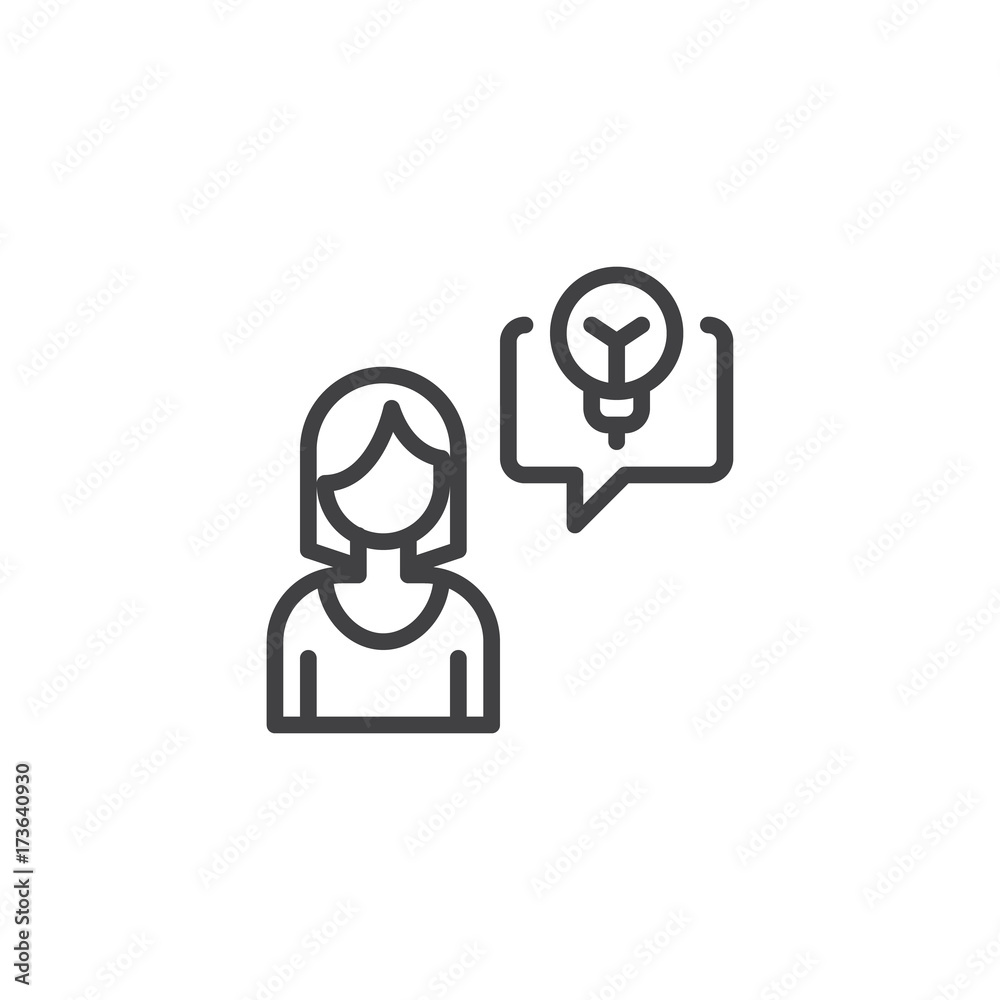 Business woman and idea line icon, outline vector sign, linear style pictogram isolated on white. Symbol, logo illustration. Editable stroke Business woman and idea line icon, outline vector sign, linear style pictogram isolated on white. Symbol, logo illustration. Editable stroke