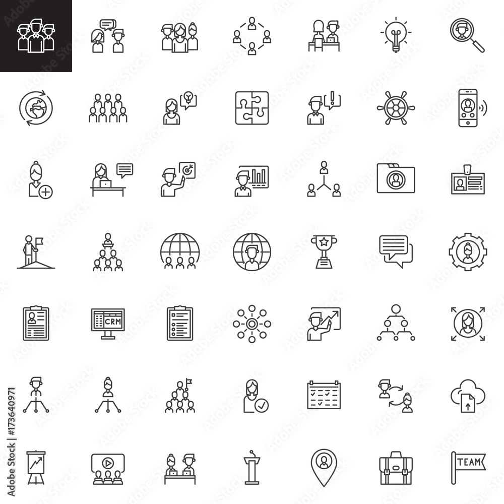 Teamwork and partnership line icons set, outline vector symbol collection, linear pictogram pack. Signs, logo illustration. Set includes icons as team, conversation, interview, employee, presentation