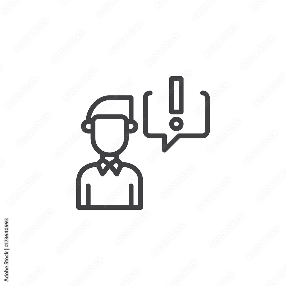 Businessman and exclamation mark in speech bubble line icon, outline vector sign, linear style pictogram isolated on white. Symbol, logo illustration. Editable stroke Businessman and exclamation mark in speech bubble line icon, outline vector sign, linear style pictogram isolated on white. Symbol, logo illustration. Editable stroke