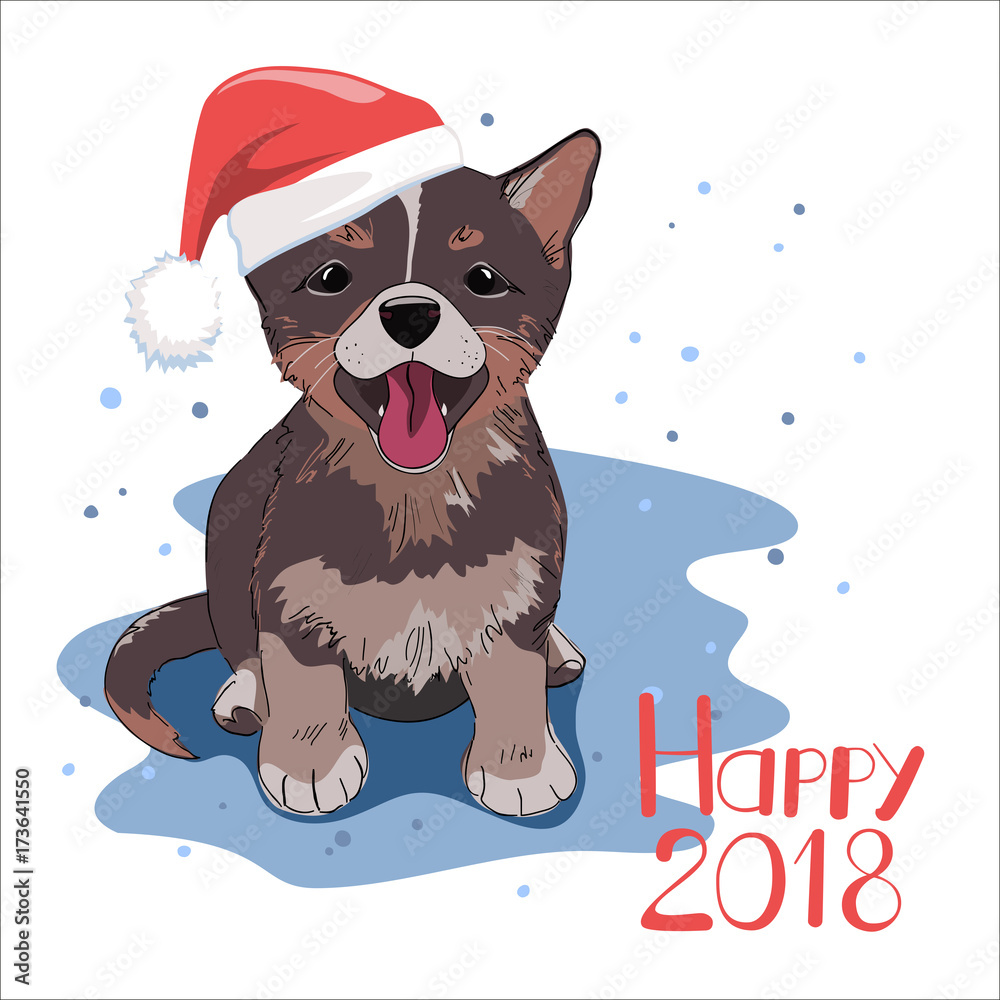 Obraz Dog wearing Santa hat. Happy New 2018 Year concept. Winter season card, banner, flyer, etc.