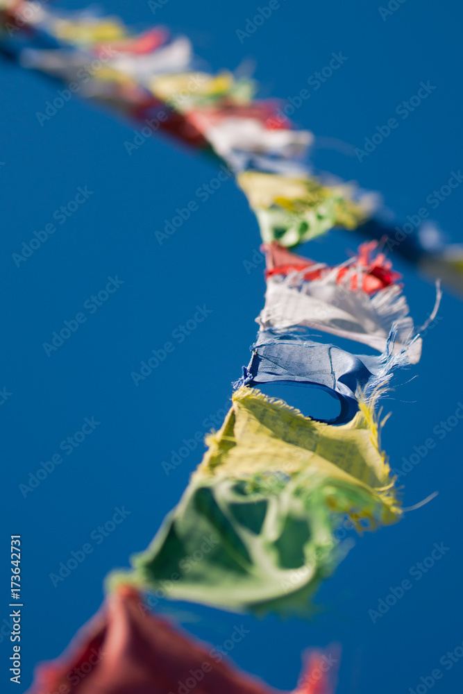 Colorful Tibetan Buddhist prayer flags waving in the wind on blu