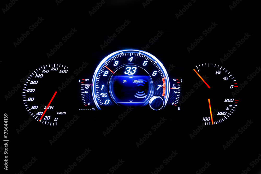Modern light car mileage on black background 33 MPH
