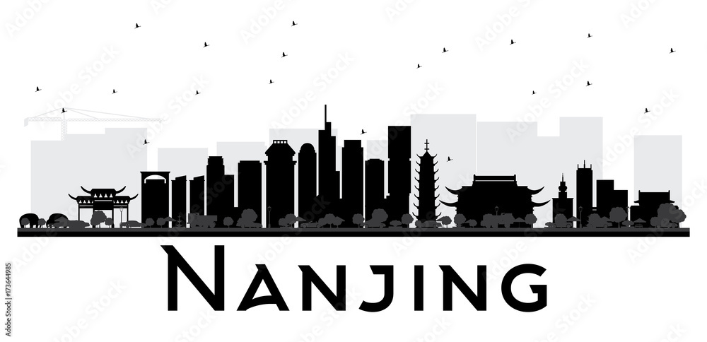 Nanjing China skyline black and white silhouette.