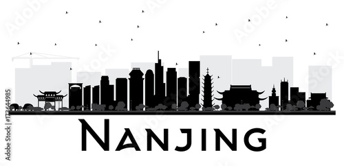Nanjing China skyline black and white silhouette.