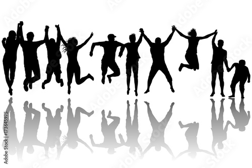 Men and women jumping