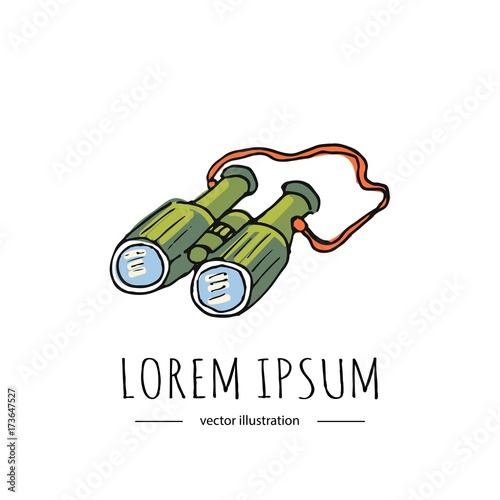 Hand drawn doodle Binoculars icon. Sketchy vector illustration element. Fishing Cartoon equipment for Fishing, Hunting, Camping, Bird watching, Exploration, Sightseeing