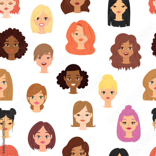 Different ethnic nationality affiliation woman head face vector icons seamless pattern