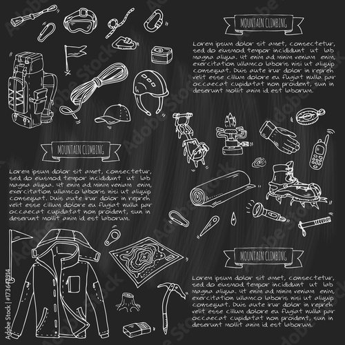 Hand drawn doodle Mountain Climbing icons set. Vector illustration. Mountaineering equipment collection. Cartoon sketch elements for trekking, hiking, tourism, expedition, camping, outdoor recreation.
