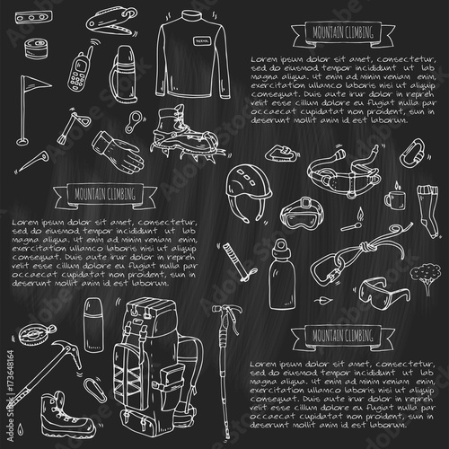 Hand drawn doodle Mountain Climbing icons set. Vector illustration. Mountaineering equipment collection. Cartoon sketch elements for trekking, hiking, tourism, expedition, camping, outdoor recreation.