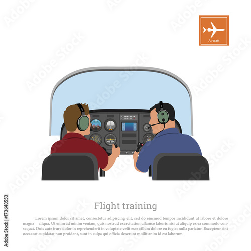 Flight training. Cabin of the aircraft from the inside. Airplane piloting lessons photo