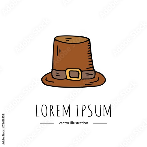 Hand drawn doodle Thanksgiving icon - Old hat isolated on white background. Vector illustration. Pilgrim symbol Cartoon celebration element: cockel, capotain, tall crowned, narrow brimmed, conical hat photo
