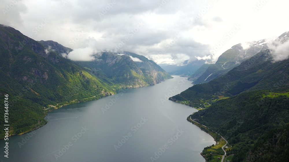 View to fjord and water from drone in Norway View to fjord and water from drone in Norway