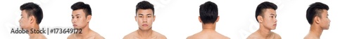 collage of a young handsome man face  close up portrait studio on white background