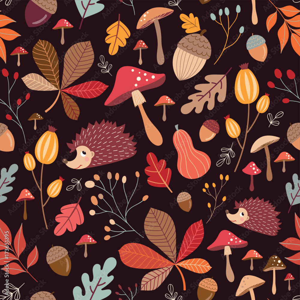Hand drawn seamless pattern with cute elements, autumnal background, vector design