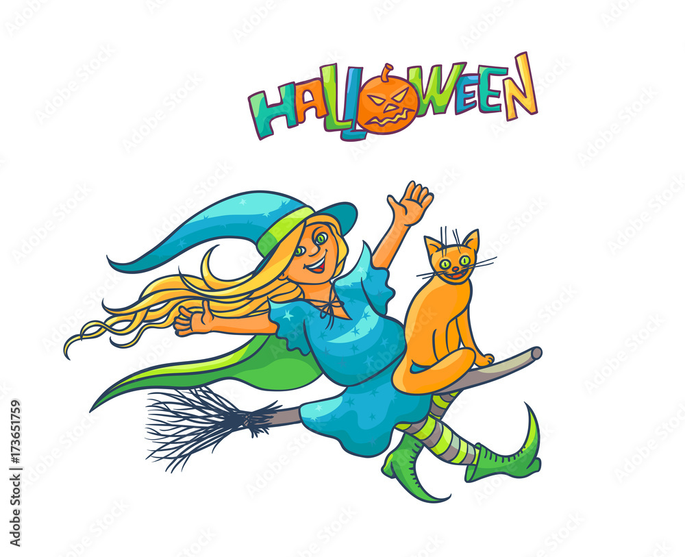Obraz premium Bright vector girl witch on broom with cat. Illustration cheerful, humorous young magician and pet to all saints day. Children party Halloween. Charmer in pointed hat flying. Lettering with pumpkin