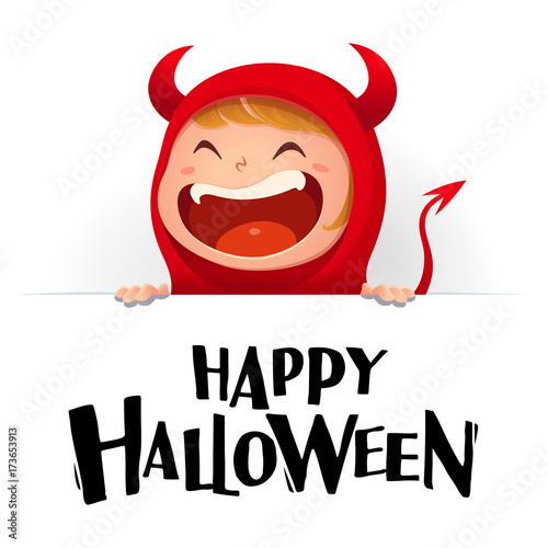 Happy Halloween. Red devil demon with big signboard. White background.