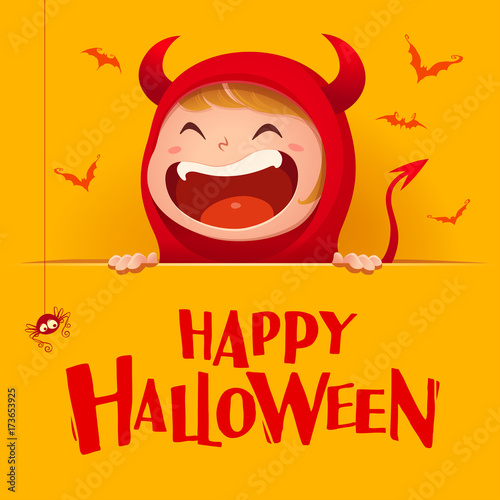 Happy Halloween. Red devil demon with big signboard. Yellow background.