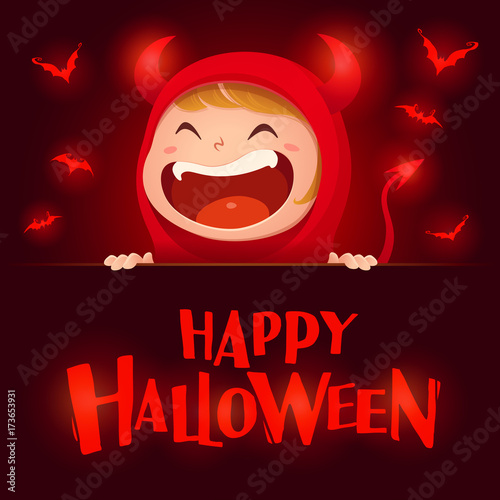 Happy Halloween. Red devil demon with big signboard. Dark background. 