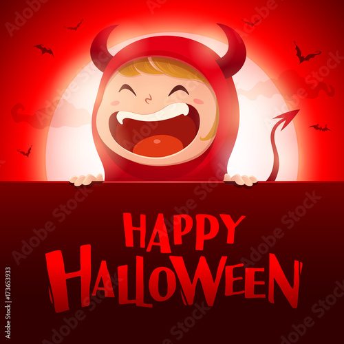 Happy Halloween. Red devil demon with big signboard in the moonlight.