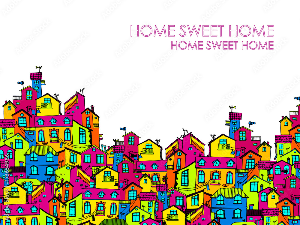 Hand-drawn background with colorful doodle houses.