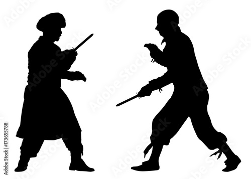 Battle of knives. Martial fight arts. Silhouette vector