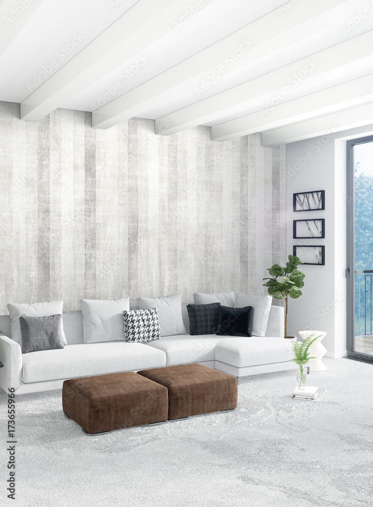 White bedroom minimal style Interior design with wood wall and grey sofa. 3D Rendering.