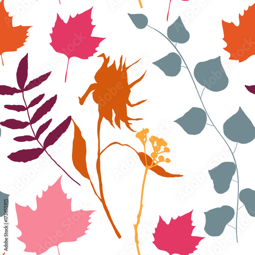 Floral vector seamless pattern with different hand drawn leaves  wild flowers and plants