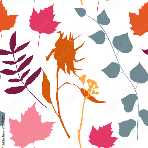 Floral vector seamless pattern with different hand drawn leaves, wild flowers...