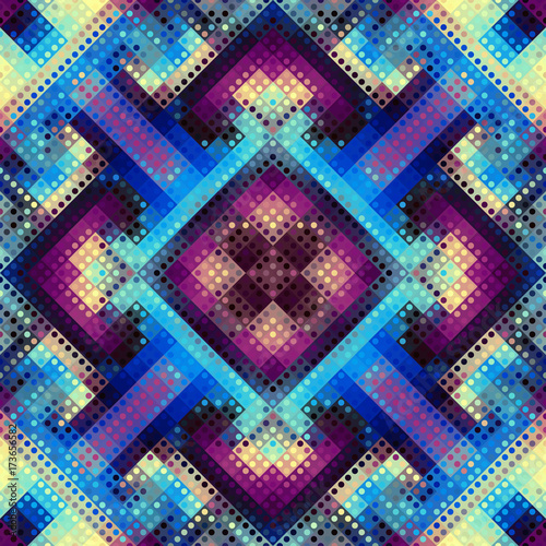 Seamless background. Geometric abstract symmetric pattern in low poly pixel art style. Polka dot pattern on low poly background.