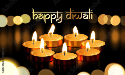 Happy Diwali gold candle light Indian greeting card vector lettering text poster