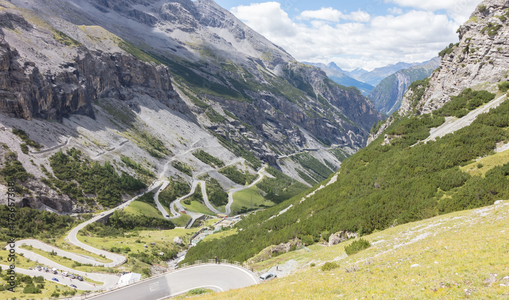 View from the top of famous Italian Stelvio High Alpine Road